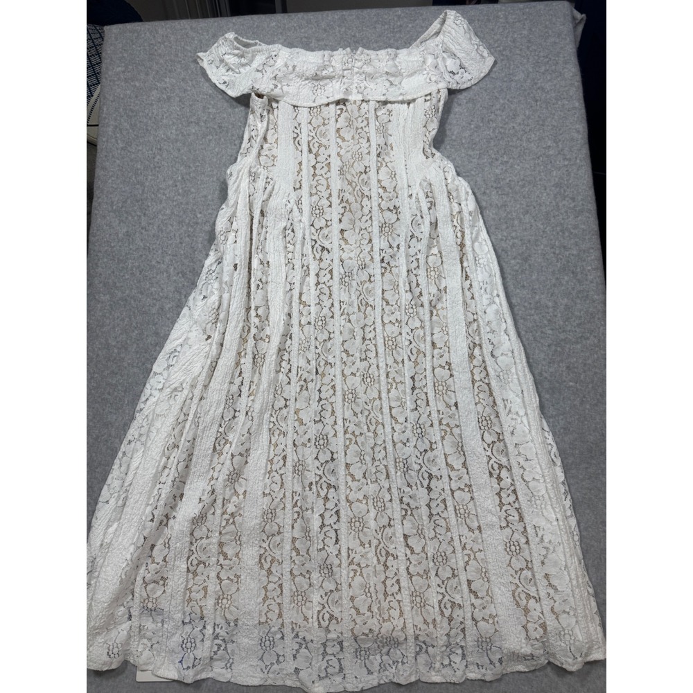 NEW Cider White Floral Lace Off The Shoulder Midi Dress Ruffle Tie Front L Boho - Picture 13 of 15